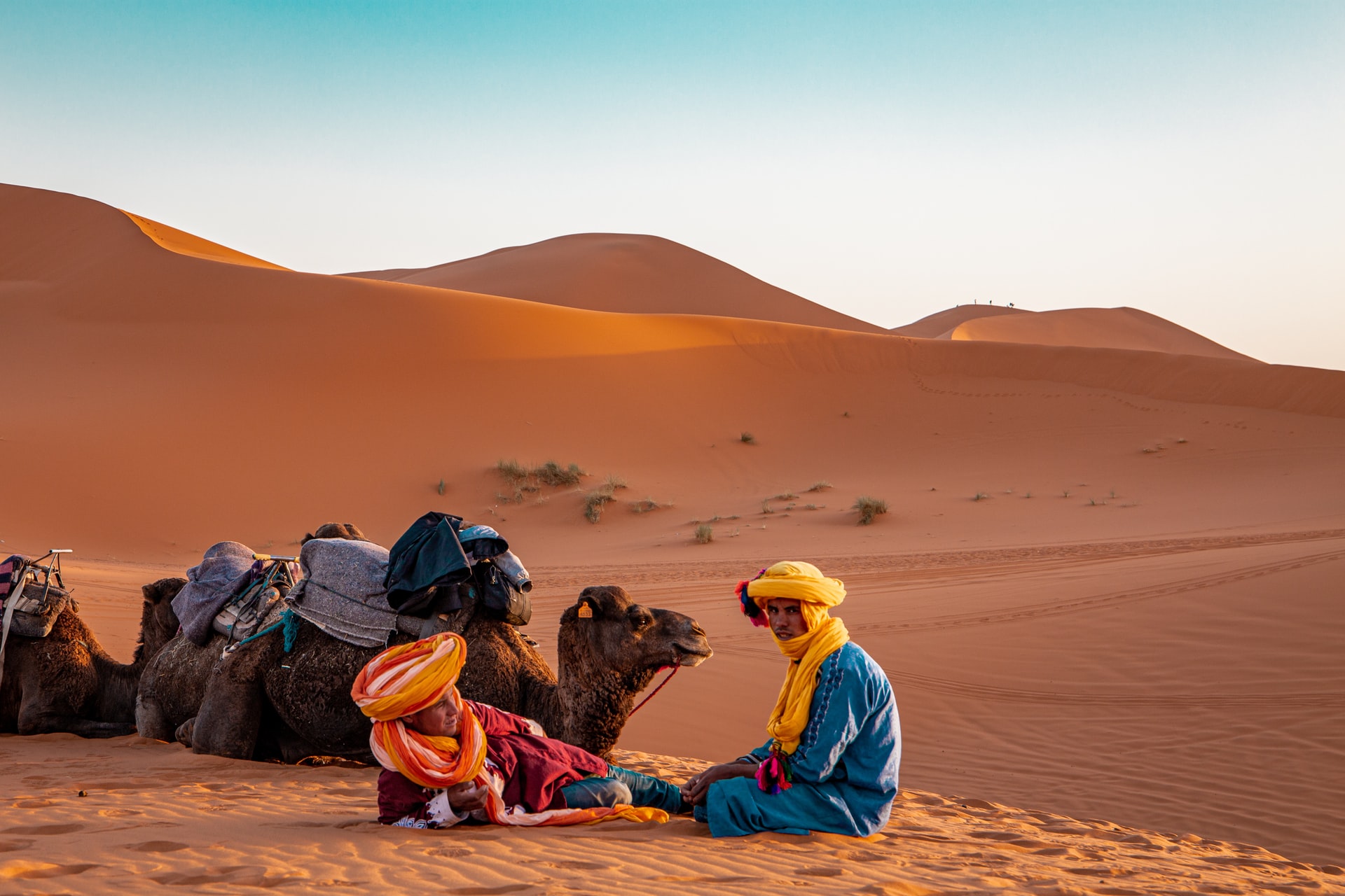 Puesta de sol camello en las dunas de Merzouga
